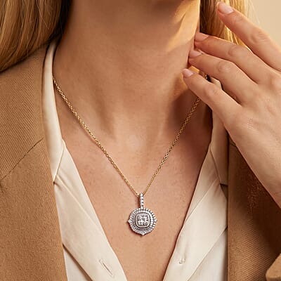 Luxuriant Lab Grown Diamond G-H SI 2.00 ctw Double Halo Pendant Necklace in 18K Vermeil Yellow Gold Over Sterling Silver (20 Inches)