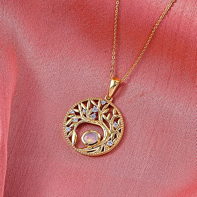 D'Joy Premium Ethiopian Welo Opal and White Zircon 0.40 ctw Pendant Necklace in 14K Yellow Gold Over Sterling Silver 20 Inches