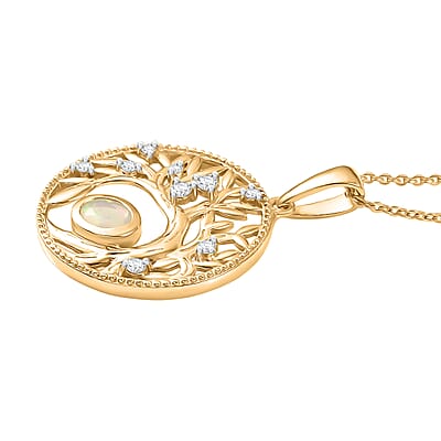 D'Joy Premium Ethiopian Welo Opal and White Zircon 0.40 ctw Pendant Necklace in 14K Yellow Gold Over Sterling Silver 20 Inches