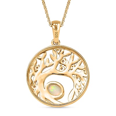 D'Joy Premium Ethiopian Welo Opal and White Zircon 0.40 ctw Pendant Necklace in 14K Yellow Gold Over Sterling Silver 20 Inches