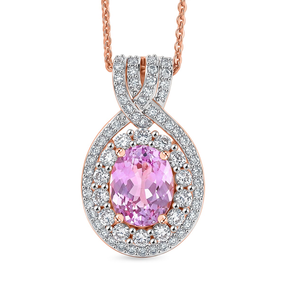 D'Joy Premium Martha Rocha Kunzite and White Zircon 3.80 ctw Beaded Mirror Pendant Necklace in 18K Vermeil Rose Gold Over Sterling Silver 20 Inches
