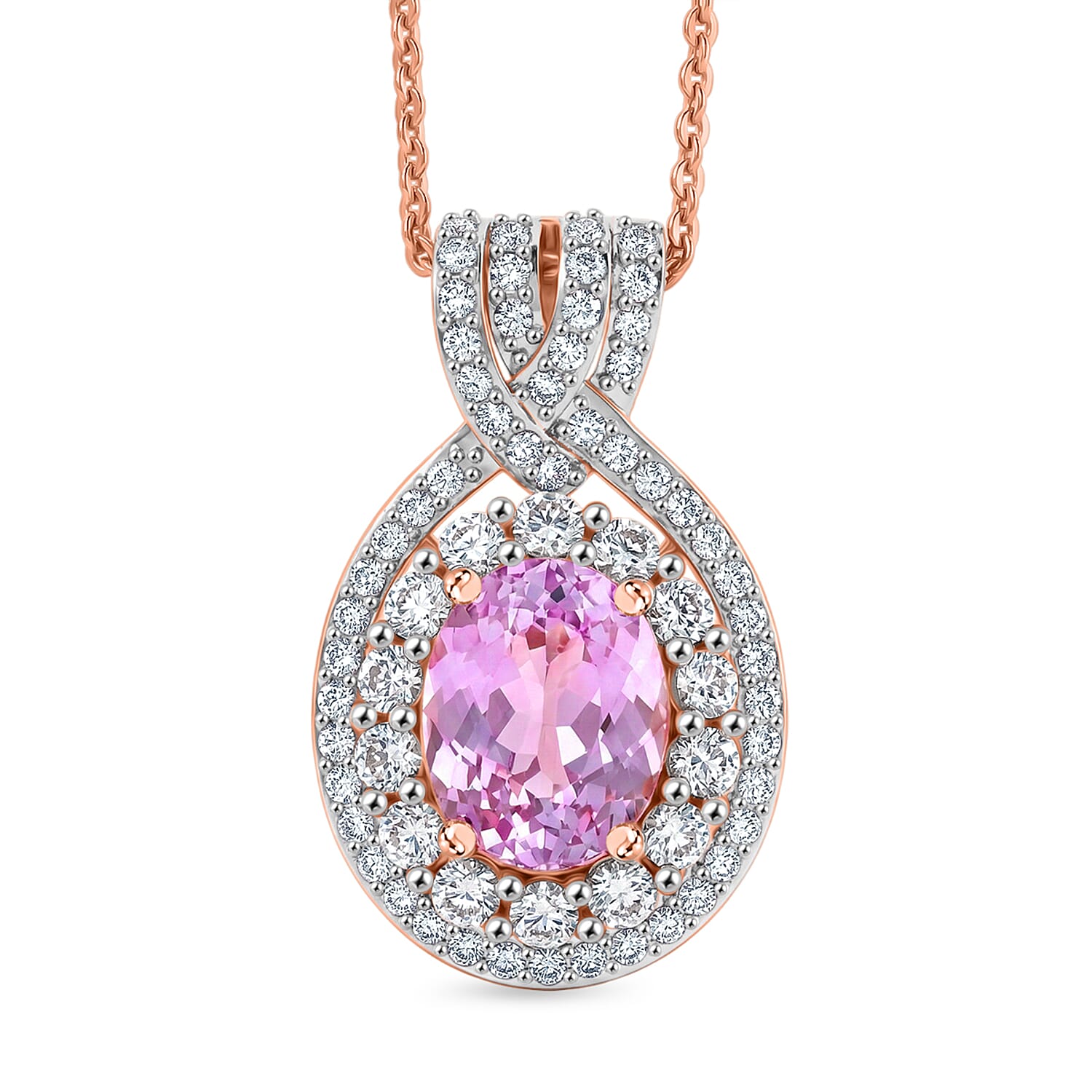 D'Joy Premium Martha Rocha Kunzite and White Zircon 3.80 ctw Beaded Mirror Pendant Necklace in 18K Vermeil Rose Gold Over Sterli