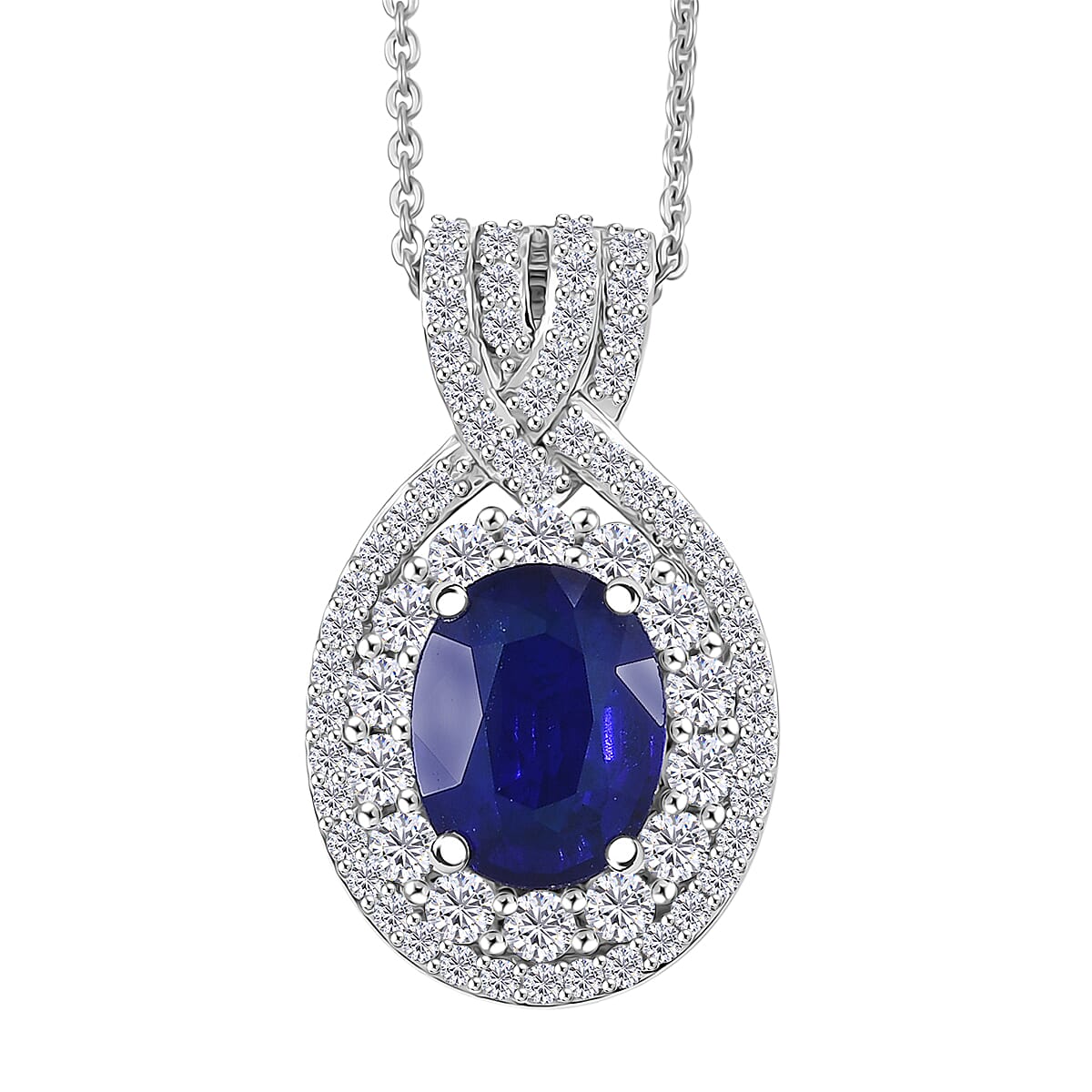 D'Joy Premium Tanzanian Blue Spinel (DF) and White Zircon 3.70 ctw Pendant Necklace in Rhodium Over Sterling Silver 20 Inches 