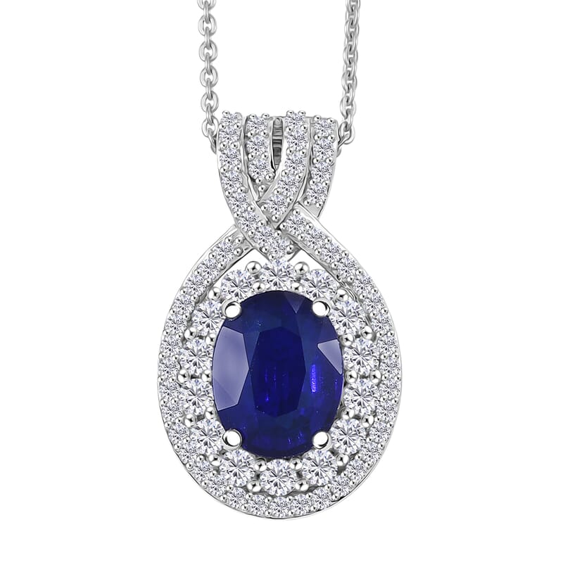 D'Joy Premium Tanzanian Blue Spinel (DF) and White Zircon 3.70 ctw Pendant Necklace in Rhodium Over Sterling Silver 20 Inches