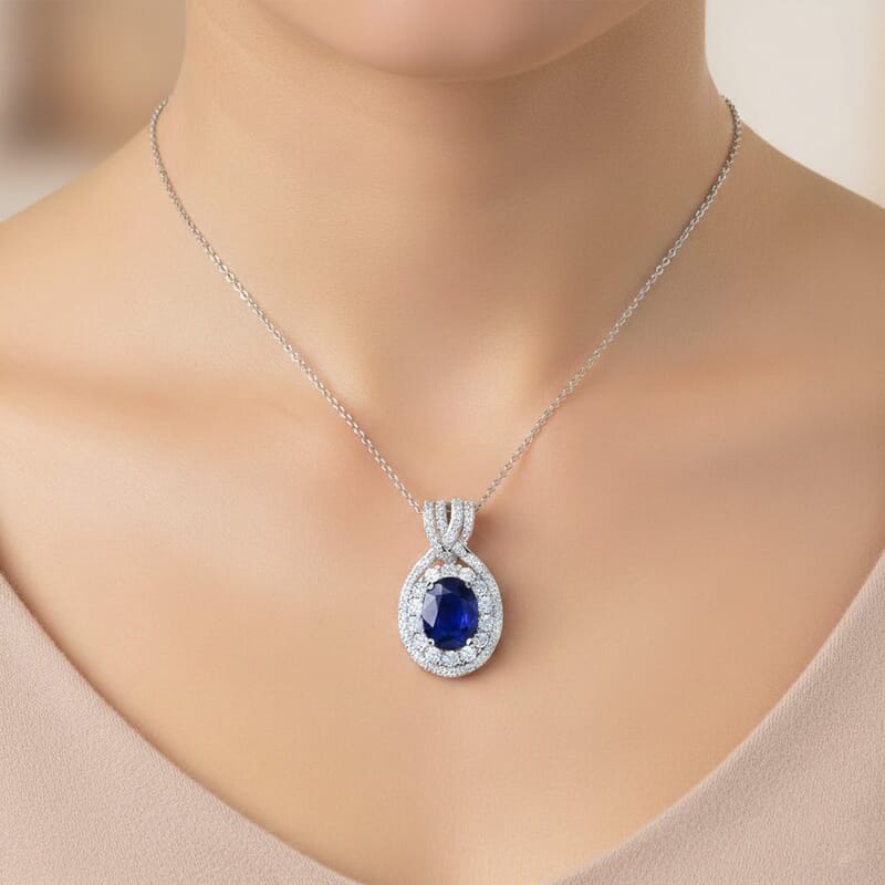 D'Joy Premium Tanzanian Blue Spinel (DF) and White Zircon 3.70 ctw Pendant Necklace in Rhodium Over Sterling Silver 20 Inches