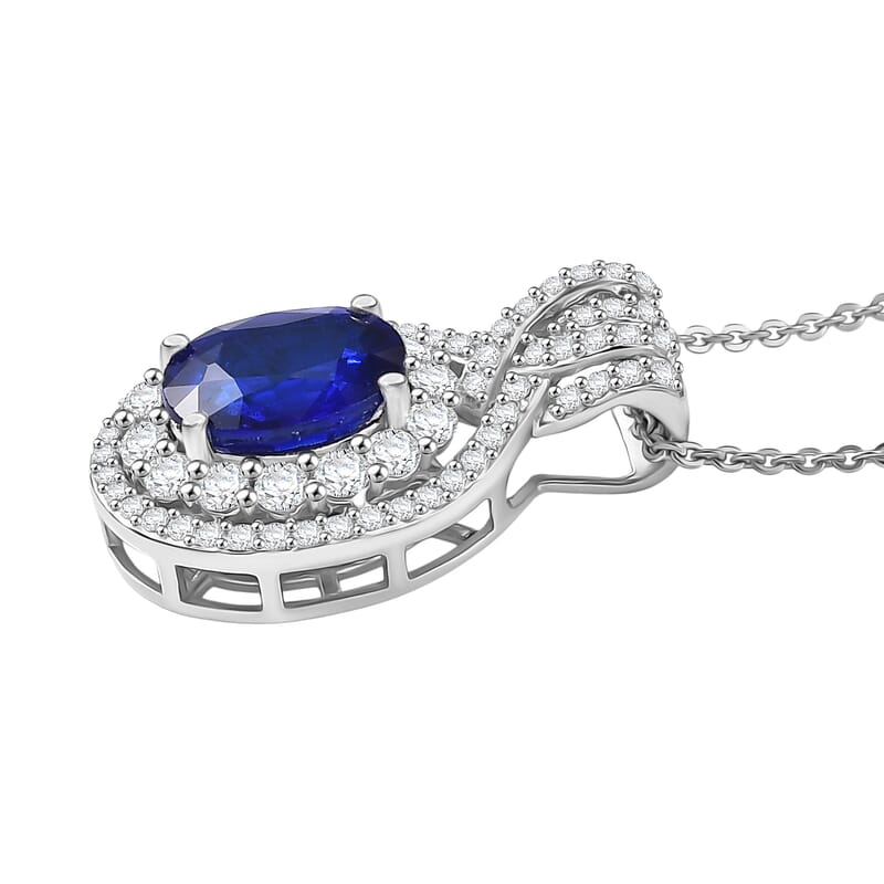 D'Joy Premium Tanzanian Blue Spinel (DF) and White Zircon 3.70 ctw Pendant Necklace in Rhodium Over Sterling Silver 20 Inches
