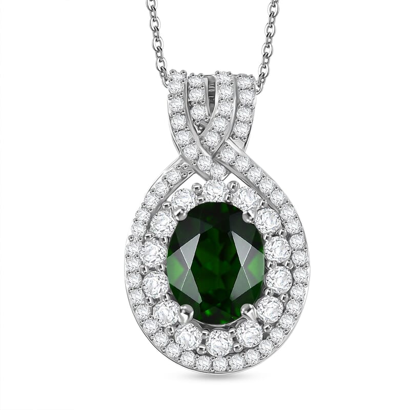 D'Joy Premium Chrome Diopside and White Zircon 3.30 ctw Beaded Mirror Pendant Necklace in Rhodium Over Sterling Silver 20 Inches