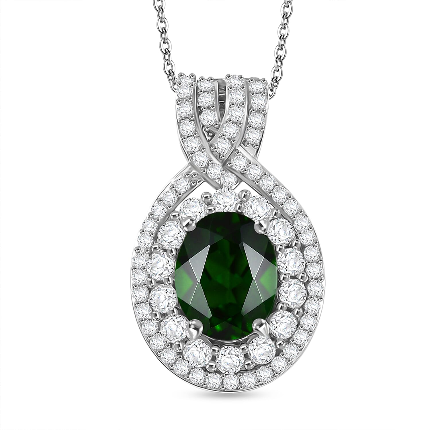 D'Joy Premium Chrome Diopside and White Zircon 3.30 ctw Beaded Mirror Pendant Necklace in Rhodium Over Sterling Silver 20 Inches