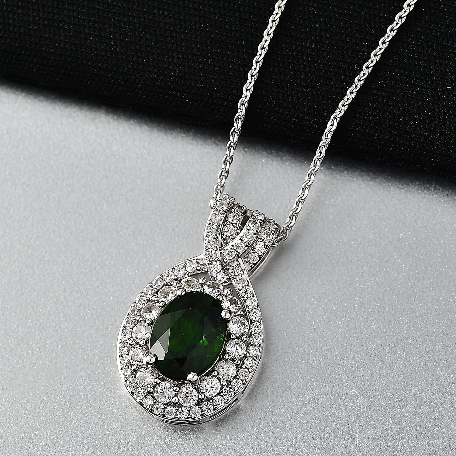 D'Joy Premium Chrome Diopside and White Zircon 3.30 ctw Beaded Mirror Pendant Necklace in Rhodium Over Sterling Silver 20 Inches