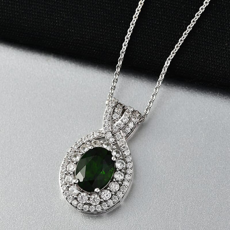 D'Joy Premium Chrome Diopside and White Zircon 3.30 ctw Beaded Mirror Pendant Necklace in Rhodium Over Sterling Silver 20 Inches