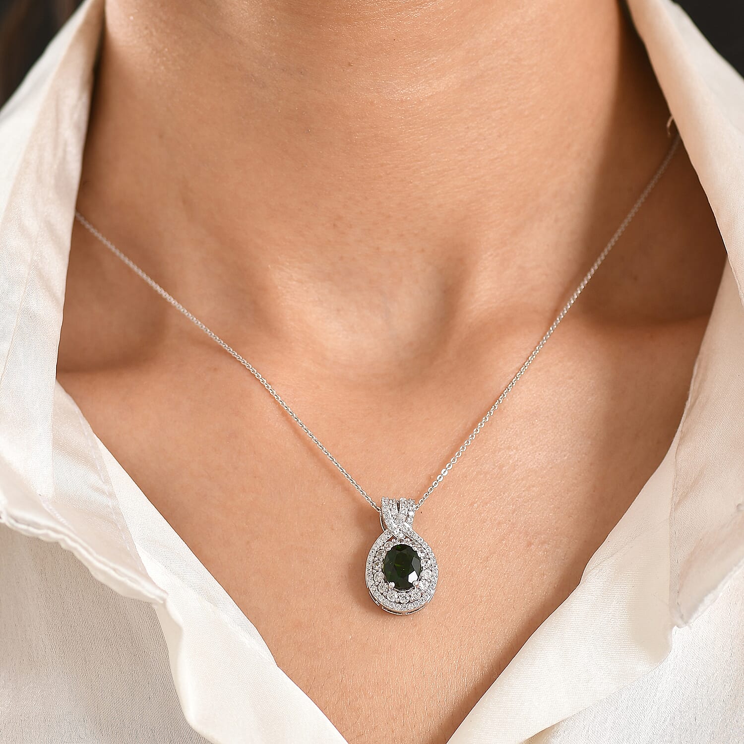 D'Joy Premium Chrome Diopside and White Zircon 3.30 ctw Beaded Mirror Pendant Necklace in Rhodium Over Sterling Silver 20 Inches