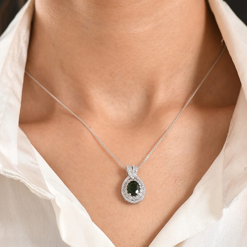 D'Joy Premium Chrome Diopside and White Zircon 3.30 ctw Beaded Mirror Pendant Necklace in Rhodium Over Sterling Silver 20 Inches