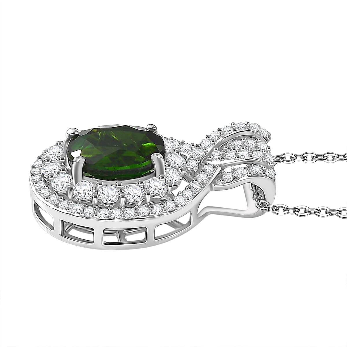 D'Joy Premium Chrome Diopside and White Zircon 3.30 ctw Beaded Mirror Pendant Necklace in Rhodium Over Sterling Silver 20 Inches