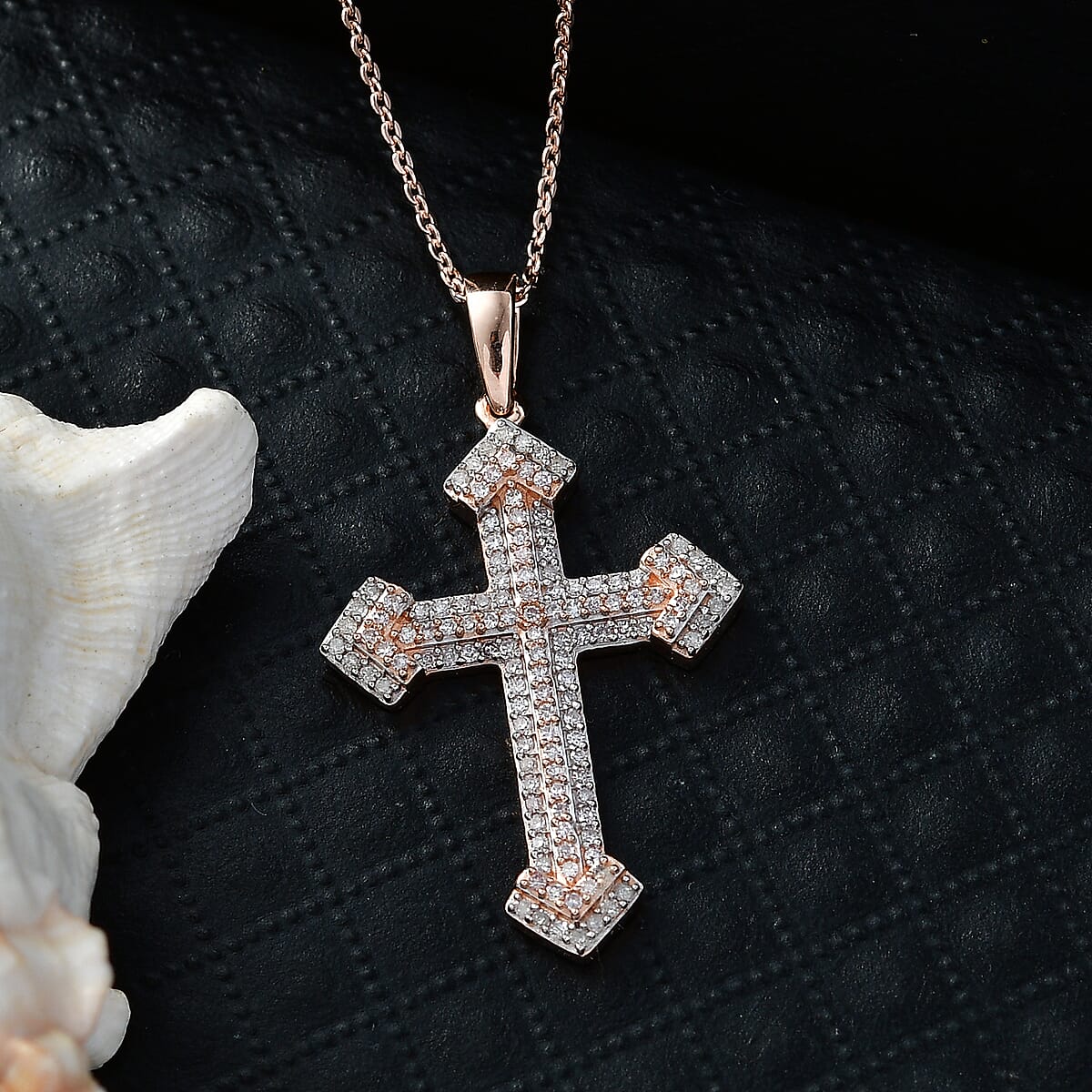 D'Joy Natural Pink and White Diamond (I3) 0.40 ctw Eternal Faith Cross Pendant Necklace in 18K Vermeil Rose Gold Over Sterling Silver 20 Inches image number 1