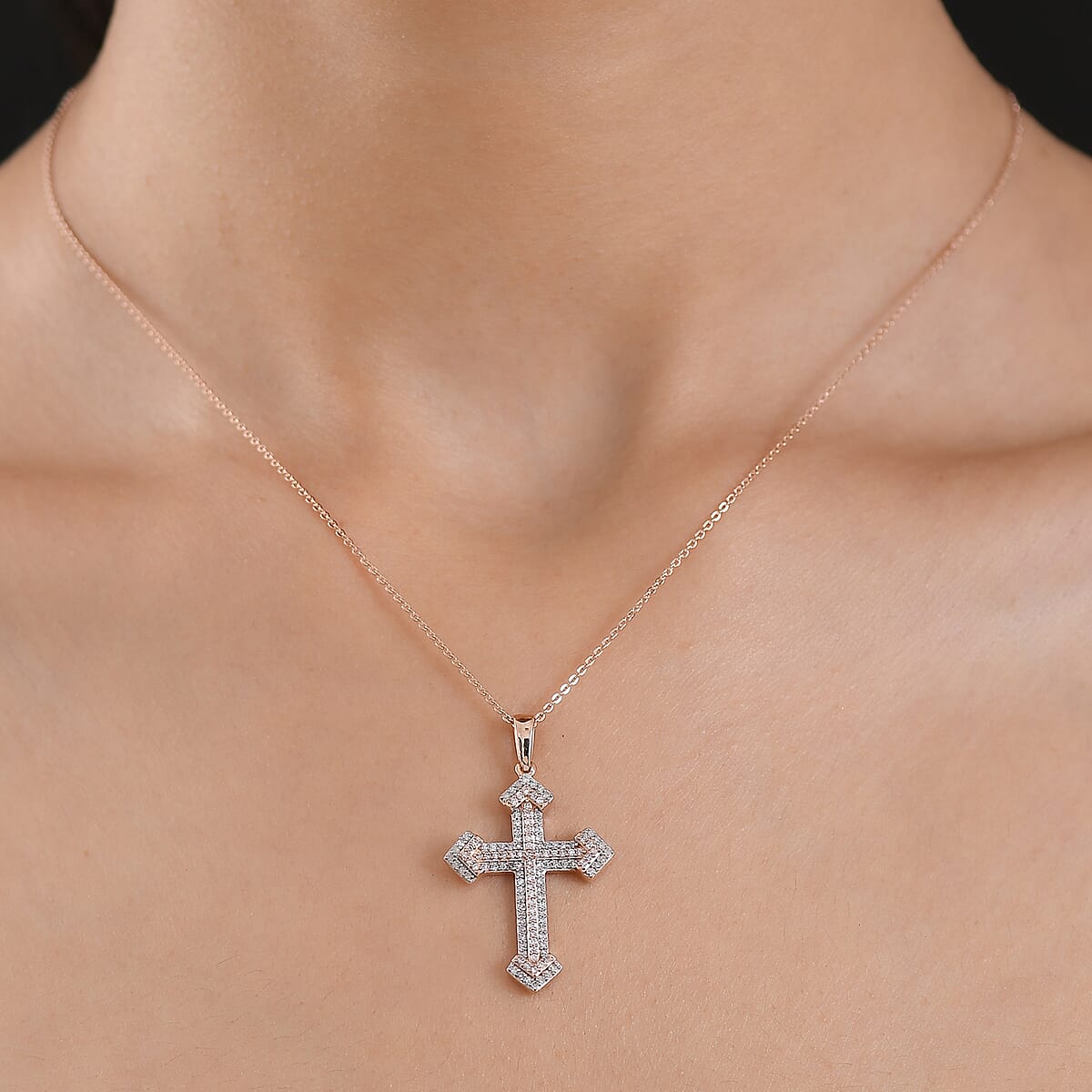 D'Joy Natural Pink and White Diamond (I3) 0.40 ctw Eternal Faith Cross Pendant Necklace in 18K Vermeil Rose Gold Over Sterling Silver 20 Inches image number 2