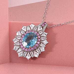 D'Joy Cambodian Blue Zircon and Multi Gemstone 7.75 ctw Imperial Bloom Crown Pendant Necklace in Rhodium Over Sterling Silver 20 Inches 