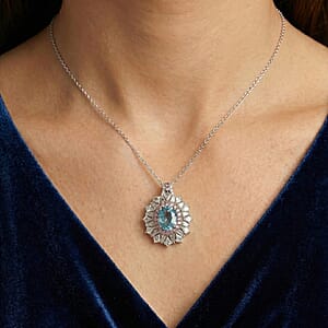 D'Joy Cambodian Blue Zircon and Multi Gemstone 7.75 ctw Imperial Bloom Crown Pendant Necklace in Rhodium Over Sterling Silver 20 Inches 