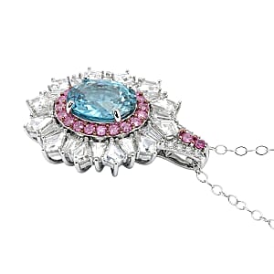 D'Joy Cambodian Blue Zircon and Multi Gemstone 7.75 ctw Imperial Bloom Crown Pendant Necklace in Rhodium Over Sterling Silver 20 Inches 