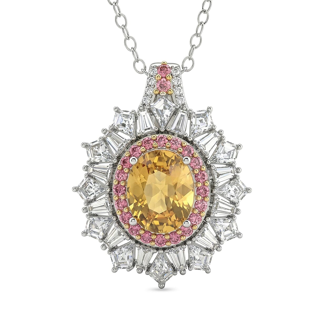 D'Joy Golden Zircon and Multi Gemstone 7.70 ctw Imperial Bloom Crown Pendant Necklace in Rhodium Over Sterling Silver 20 Inches