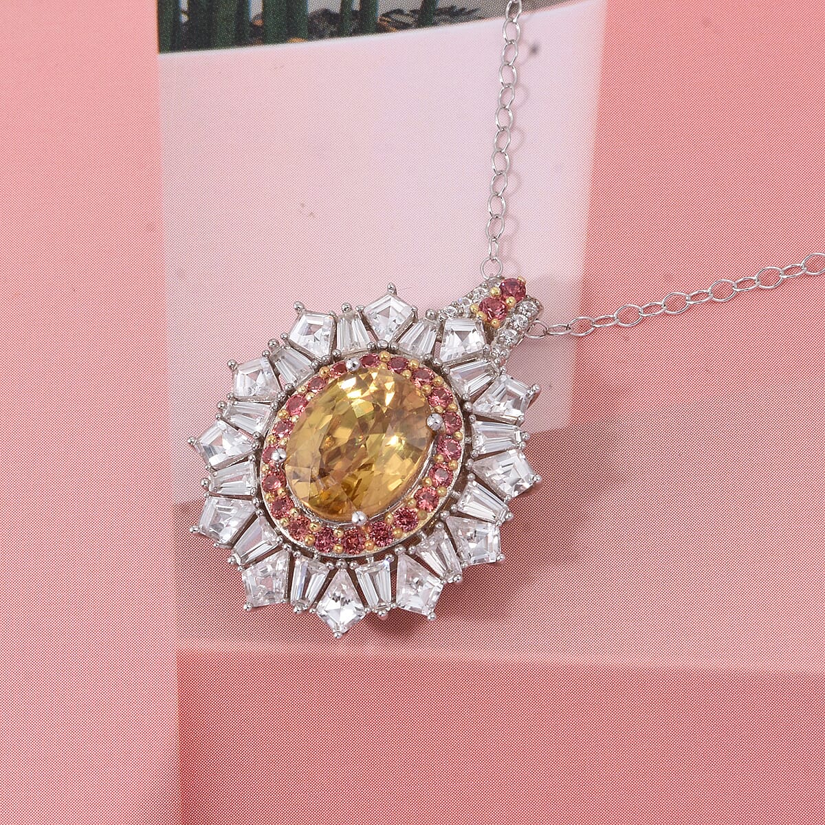 D'Joy Golden Zircon and Multi Gemstone 7.70 ctw Imperial Bloom Crown Pendant Necklace in Rhodium Over Sterling Silver 20 Inches  image number 1