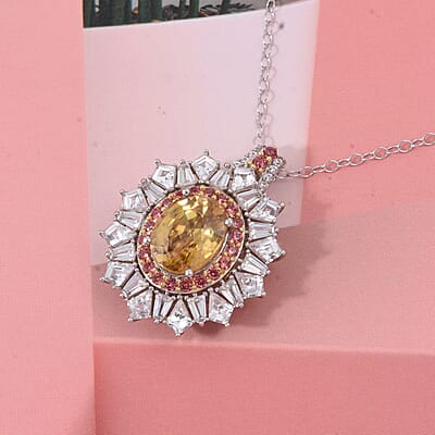 D'Joy Golden Zircon and Multi Gemstone 7.70 ctw Imperial Bloom Crown Pendant Necklace in Rhodium Over Sterling Silver 20 Inches