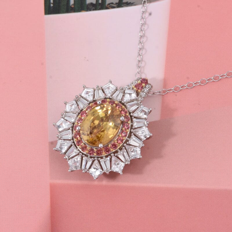 D'Joy Golden Zircon and Multi Gemstone 7.70 ctw Imperial Bloom Crown Pendant Necklace in Rhodium Over Sterling Silver 20 Inches