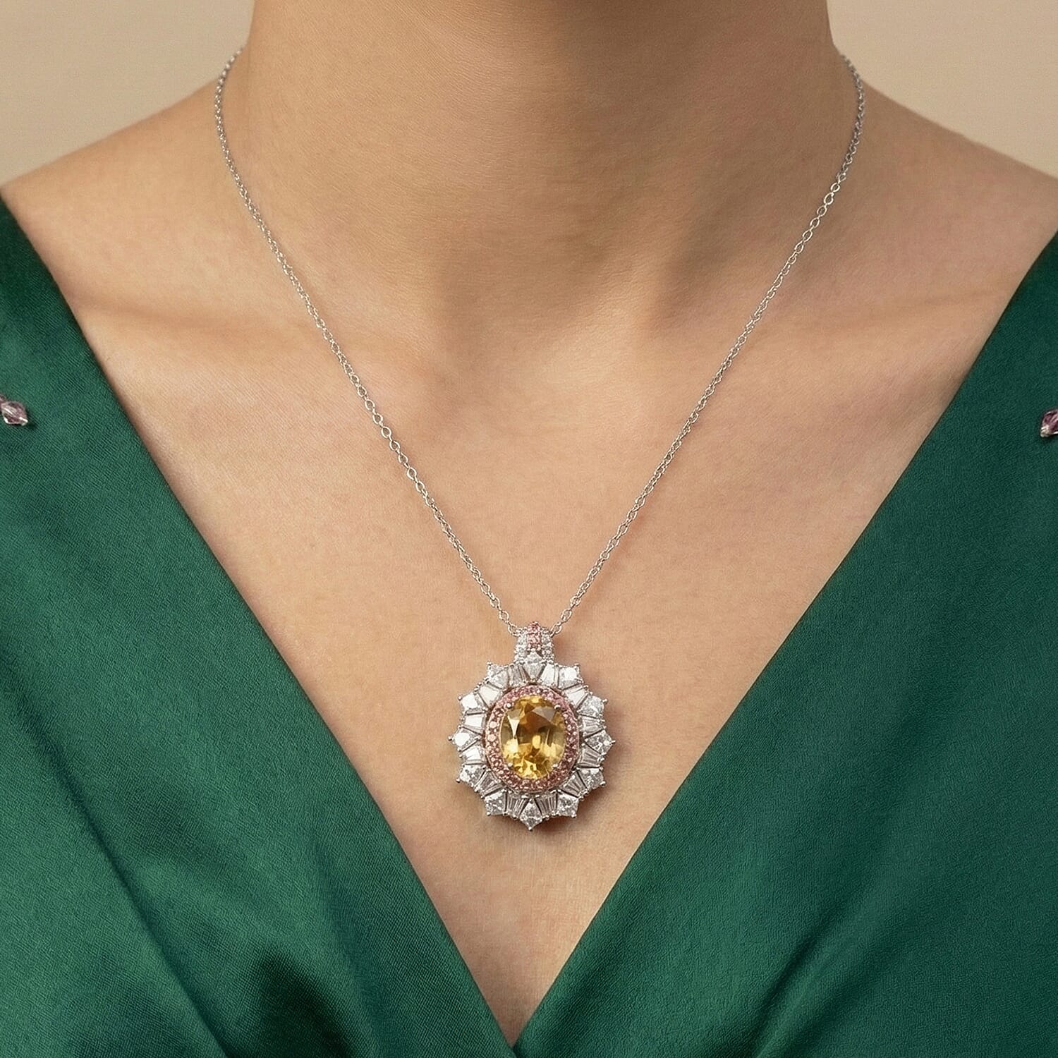 D'Joy Golden Zircon and Multi Gemstone 7.70 ctw Imperial Bloom Crown Pendant Necklace in Rhodium Over Sterling Silver 20 Inches