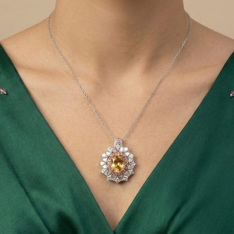 D'Joy Golden Zircon and Multi Gemstone 7.70 ctw Imperial Bloom Crown Pendant Necklace in Rhodium Over Sterling Silver 20 Inches