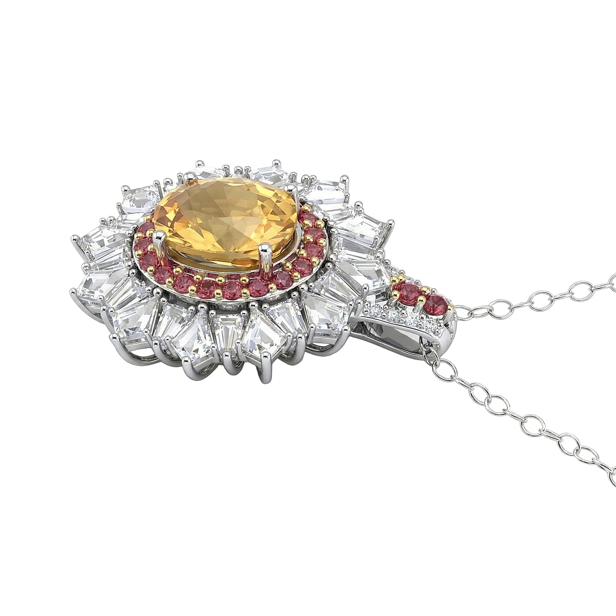 D'Joy Golden Zircon and Multi Gemstone 7.70 ctw Imperial Bloom Crown Pendant Necklace in Rhodium Over Sterling Silver 20 Inches