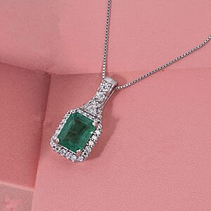 D'Joy Premium Kagem Zambian Emerald and Moissanite 2.00 ctw Crowned Heirloom Pendant Necklace in Rhodium Over Sterling Silver 20 Inches 