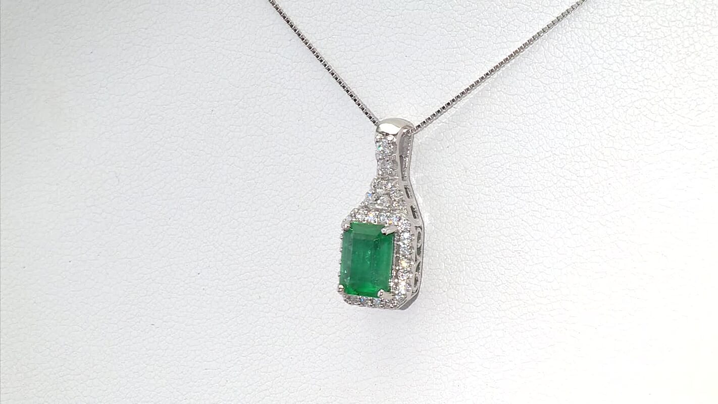 D'Joy Premium Kagem Zambian Emerald and Moissanite 2.00 ctw Crowned Heirloom Pendant Necklace in Rhodium Over Sterling Silver 20 Inches