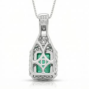 D'Joy Premium Kagem Zambian Emerald and Moissanite 2.00 ctw Crowned Heirloom Pendant Necklace in Rhodium Over Sterling Silver 20 Inches 