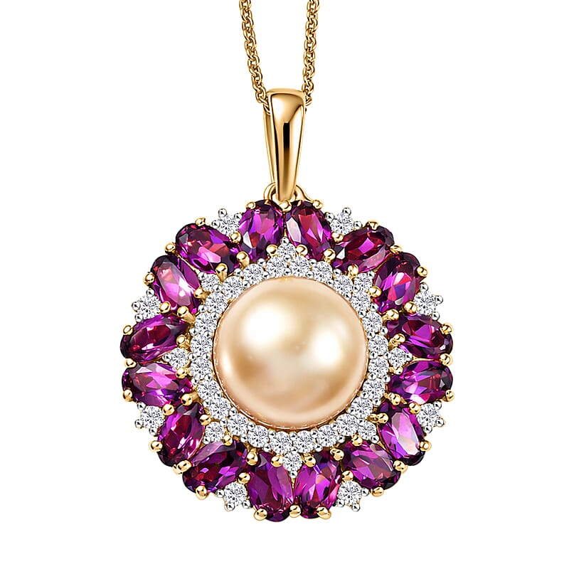 D'Joy South Sea Golden Cultured Pearl and Multi Gemstone 5.35 ctw Royal Bloom Pendant Necklace in 18K Vermeil Yellow Gold Over Sterling Silver 20 Inches