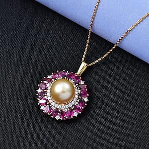 D'Joy South Sea Golden Cultured Pearl and Multi Gemstone 5.35 ctw Royal Bloom Pendant Necklace in 18K Vermeil Yellow Gold Over Sterling Silver 20 Inches (Del. in 7-10 Days) 