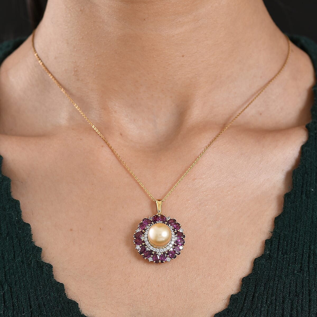 D'Joy South Sea Golden Cultured Pearl and Multi Gemstone 5.35 ctw Royal Bloom Pendant Necklace in 18K Vermeil Yellow Gold Over Sterling Silver 20 Inches (Del. in 7-10 Days)  image number 2