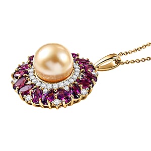 D'Joy South Sea Golden Cultured Pearl and Multi Gemstone 5.35 ctw Royal Bloom Pendant Necklace in 18K Vermeil Yellow Gold Over Sterling Silver 20 Inches (Del. in 7-10 Days) 