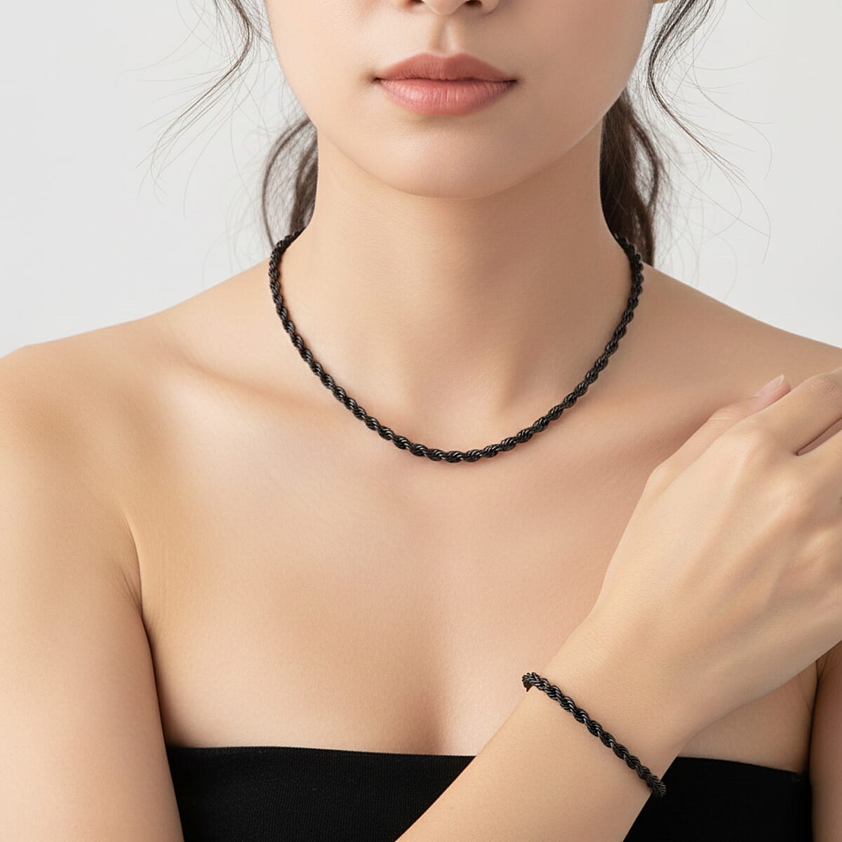 2 Piece Set - Rope Chain Bracelet (8-10In) and Necklace (23-25 Inches) in ION Plated Black Stainless Steel image number 2