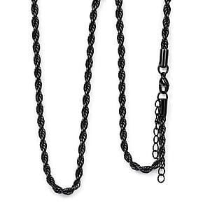 2 Piece Set - Rope Chain Bracelet (8-10In) and Necklace (23-25 Inches) in ION Plated Black Stainless Steel