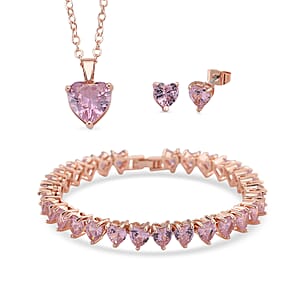 3 Piece Set - Pink Austrian Crystal Heart Bracelet (7.50In), Earrings and Necklace (20-22 Inches) in Rosetone