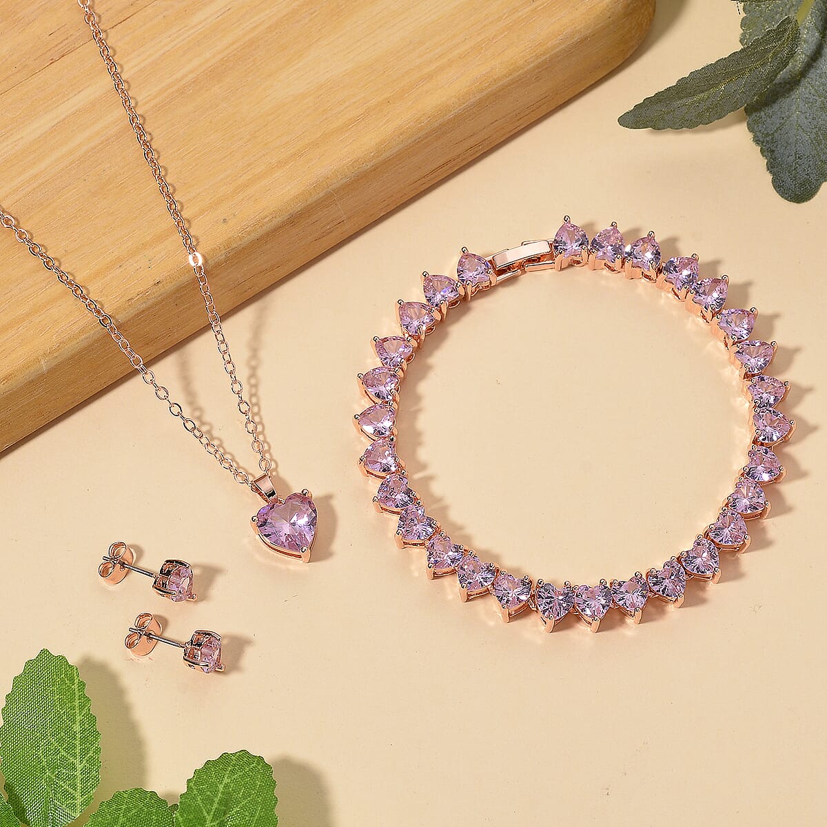 3 Piece Set - Pink Austrian Crystal Heart Bracelet (7.50In), Earrings and Necklace (20-22 Inches) in Rosetone image number 1