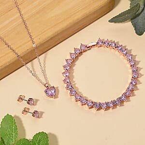 3 Piece Set - Pink Austrian Crystal Heart Bracelet (7.50In), Earrings and Necklace (20-22 Inches) in Rosetone