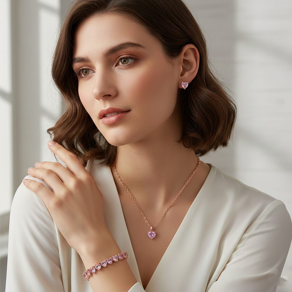 3 Piece Set - Pink Austrian Crystal Heart Bracelet (7.50In), Earrings and Necklace (20-22 Inches) in Rosetone image number 2