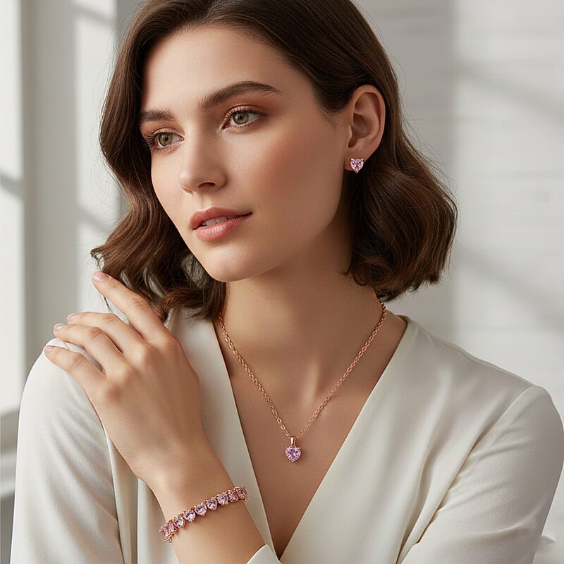 3 Piece Set - Pink Austrian Crystal Heart Bracelet (7.50In), Earrings and Necklace (20-22 Inches) in Rosetone