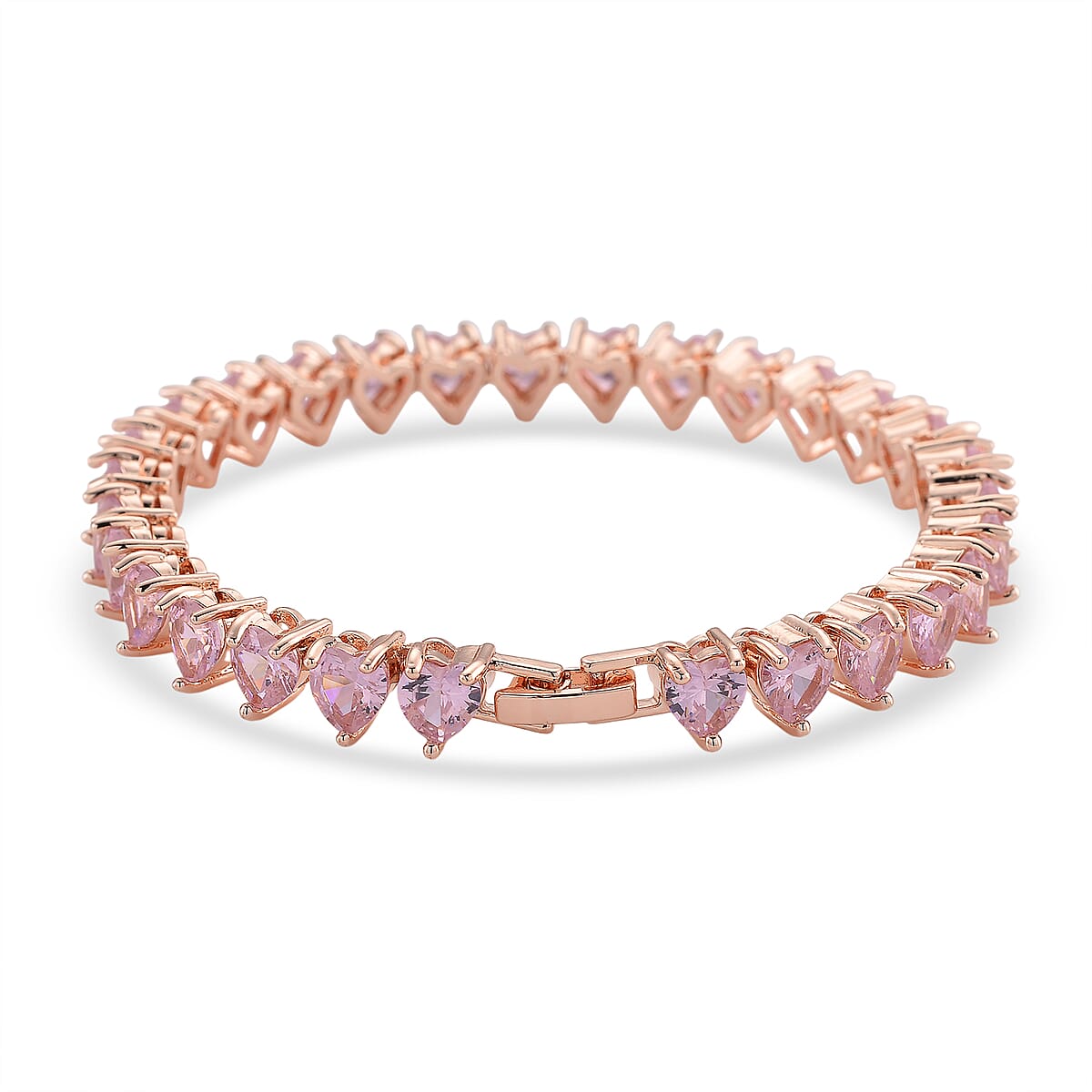 3 Piece Set - Pink Austrian Crystal Heart Bracelet (7.50In), Earrings and Necklace (20-22 Inches) in Rosetone image number 7