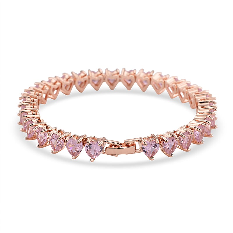 3 Piece Set - Pink Austrian Crystal Heart Bracelet (7.50In), Earrings and Necklace (20-22 Inches) in Rosetone