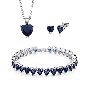 3 Piece Set - Blue Austrian Crystal Heart Bracelet (7.50In), Earrings and Necklace (20-22 Inches) in Silvertone