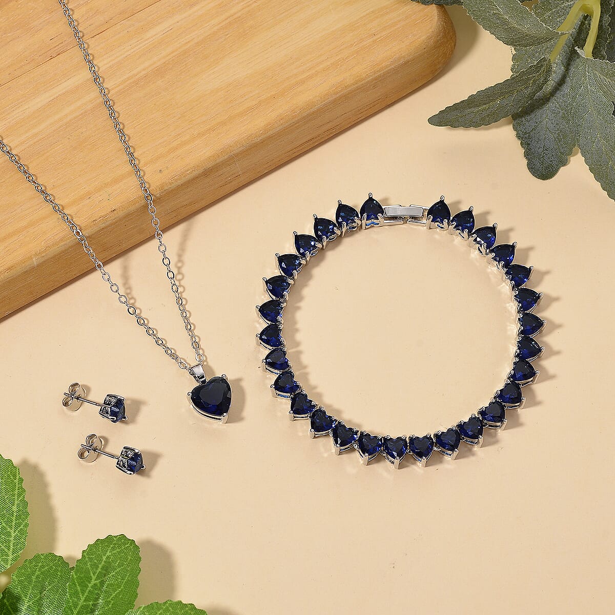 3 Piece Set - Blue Austrian Crystal Heart Bracelet (7.50In), Earrings and Necklace (20-22 Inches) in Silvertone image number 1