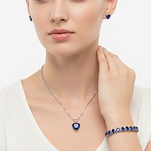 3 Piece Set - Blue Austrian Crystal Heart Bracelet (7.50In), Earrings and Necklace (20-22 Inches) in Silvertone