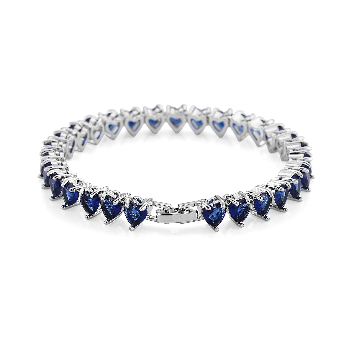 3 Piece Set - Blue Austrian Crystal Heart Bracelet (7.50In), Earrings and Necklace (20-22 Inches) in Silvertone image number 7