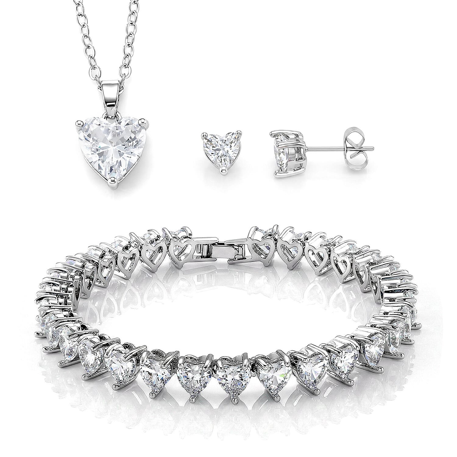 3 Piece Set - Austrian Crystal Heart Bracelet (7.50In), Earrings and Necklace (20-22 Inches) in Silvertone